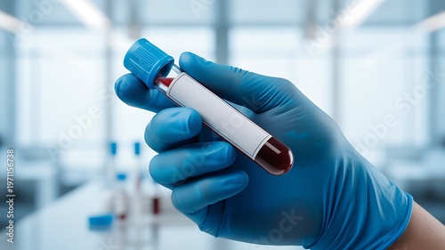 Blue gloved hand holds a sample blood tube in lab