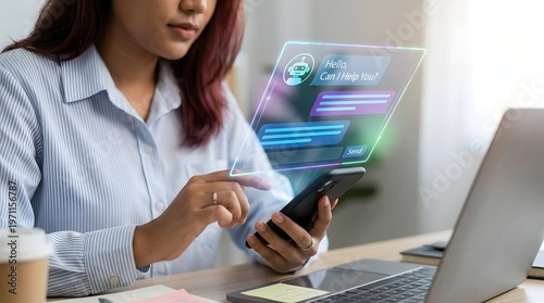 Woman interacting with a smartphone, with a virtual ai chatbot interface overlaid, demonstrating modern customer support and digital communication.