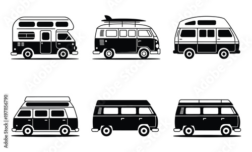 Six camper van silhouettes isolated on white background, featuring a variety of travel van shapes in clean black vector style, suitable for camping themes, road trip branding