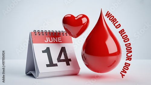 Calendar displays June 14 next to a red heart and a large blood drop for World Blood Donor Day