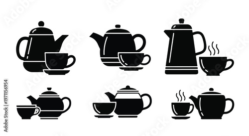 Set of 6 Black Teapot and Teacup Vector Icons