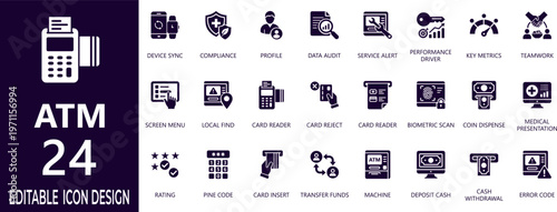 Atm icon collection set. included  finance, withdrawal, teamwork, biometric, finance, withdrawal, credit card,  security, payment, currency, and more icon.