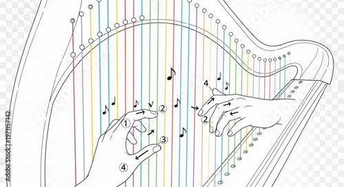Educational diagram showing proper hand positioning and finger technique for playing the harp with labeled musical notes and string guide