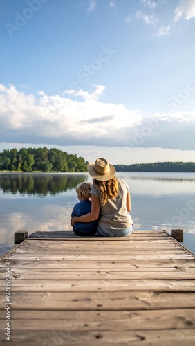 A person with a child sits at the end of a wooden dock. Calm water and a tree line are in the background, under a cloudy sky