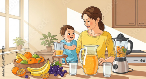 Mother and toddler son preparing fresh orange juice in kitchen with blender and fruit bowl flat vector illustration for family lifestyle