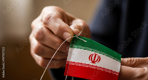 Close-up of hands sewing Iranian flag with needle and thread