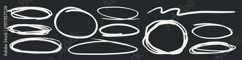 Collection of hand-drawn white circles and ovals on a dark background. Various circular and oval shapes, sketched in white. Artistic hand-drawn circles and ovals. Hand drawn illustrations, vector set.