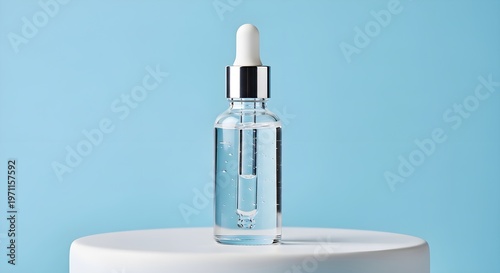Clear glass dropper bottle containing transparent cosmetic facial serum rests on a smooth white pedestal to showcase a professional skincare product designed for hydration and rejuvenation during a be