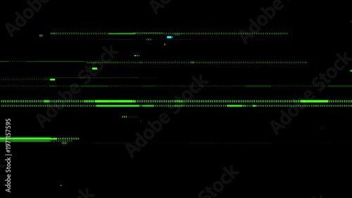 Abstract digital glitch overlay texture with bright green horizontal scanlines and artifacts on a black background.