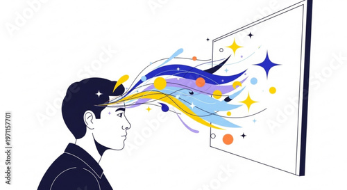 Young man experiencing an epiphany with vibrant abstract light and shapes flowing from his mind in a flat minimalist vector illustration