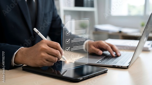 Businessman is digitally signing an important document with a pen on a tablet, while an interactive holographic display shows the contract with checkmarks.