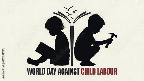 Children silhouettes showing reading versus labor with book and hammer tools