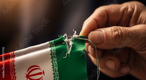 Close-up of hands holding Iranian rial banknote with emblem and security thread in soft light