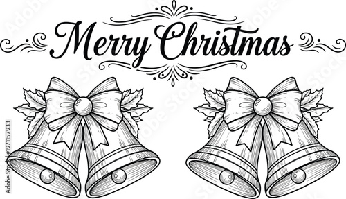 Elegant Merry Christmas calligraphy with vintage engraved bells bows and holly leaves classic festive decorative vector illustration.eps