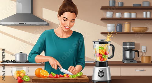 Happy woman preparing fresh fruit smoothie in modern kitchen interior vector illustration showing healthy lifestyle and wholesome nutrition preparation