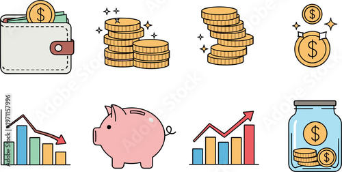 Money and finance icons set with wallet coins piggy bank savings jar and investment growth charts vector illustration