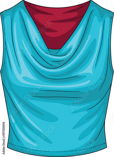 Women sleeveless cowl neck blouse vector illustration, draped top apparel mockup template stylish fashion clothing design modern garment