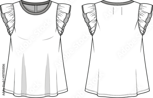 Women sleeveless blouse technical fashion illustration layered ruffle sleeves round neck front and back view flat sketch vector template