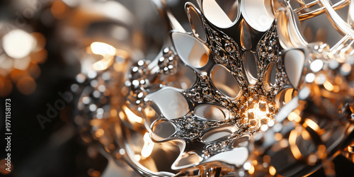 Abstract Metallic Floral Structure with Glowing Light and Bokeh