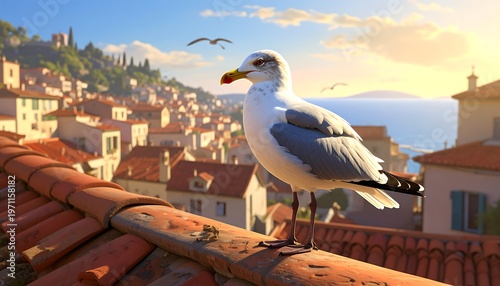 A seagull perches on a roof overlooking a coastal town