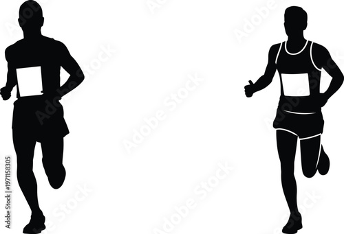 Black silhouette illustrations of two marathon runners in motion wearing bibs, athletic clothing and shoes, sports competition concept