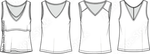 Women tank top front and back view vector illustration sleeveless shirt mockup template casual apparel clothing outline design set