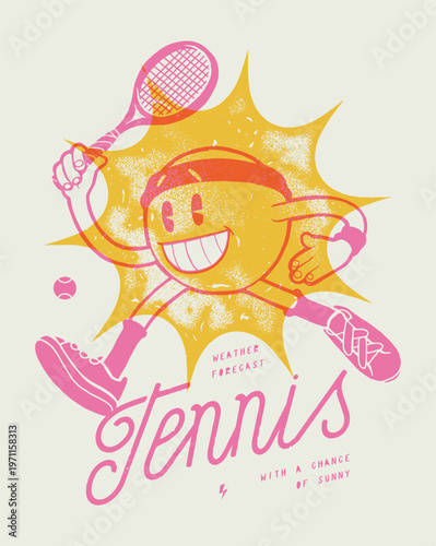 Tennis sun character wearing a headband about to hit a forehand. Vintage distressed typography tennis vector illustration t-shirt print.