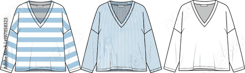 Women V neck sweater collection striped long sleeve pullover set casual fashion apparel outline vector illustration modern clothing bundle design