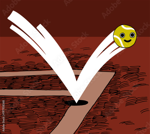 Tennis ball in. Tennis ball character falling inside the court. Cute tennis vector illustration.