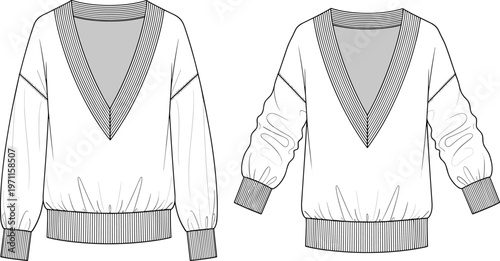 Women V neck sweater front and back view long sleeve pullover apparel clothing outline vector illustration casual fashion template design