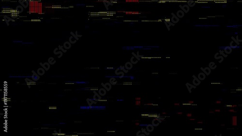 Abstract digital glitch overlay texture with scattered red, blue, and yellow horizontal artifacts on a black background.