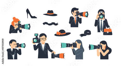 A group of cartoon photographers with cameras.