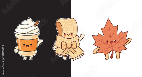 Autumn themed cartoon characters and drink.