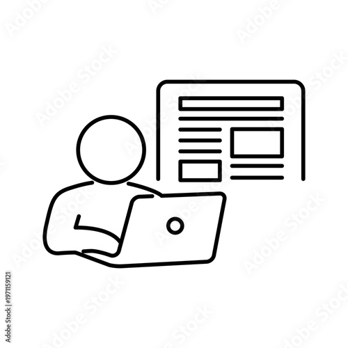 ノートパソコンで資料を作成している人の線画アイコン