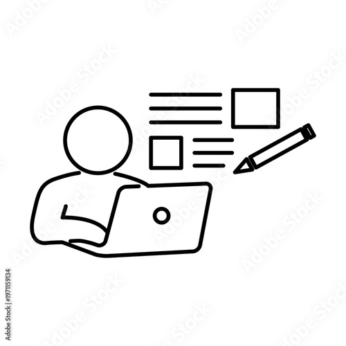 ノートパソコンで記事を作成している人の線画アイコン