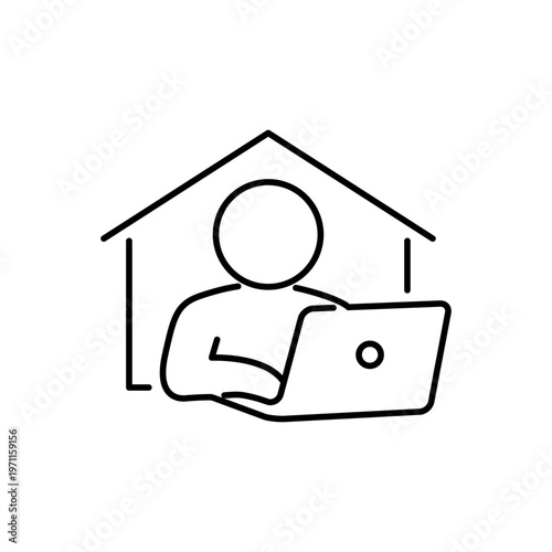 ノートパソコンで在宅で仕事をしている人の線画アイコン