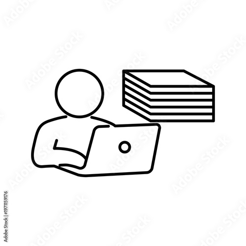 ノートパソコンでレポートを書いている人の線画アイコン