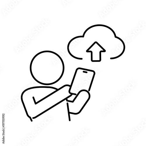 スマートフォンでデータをクラウド保存している人の線画アイコン