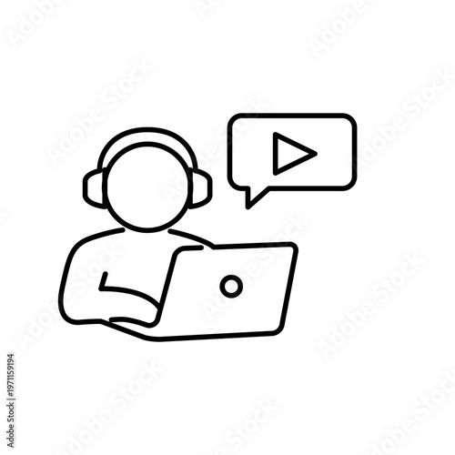 ノートパソコンで動画を視聴している人の線画アイコン