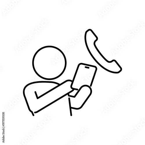 スマートフォンで通話をしている人の線画アイコン
