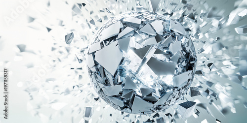 Shattered Glass Sphere Explosion with Crystal Fragments in Motion