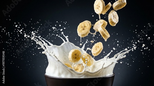 Banana Slices Splashing into Milk High Speed Frozen Motion Dark Background Studio Food Photography Commercial Advertising
