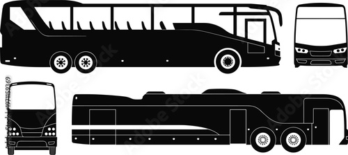 Coach bus silhouette set with side and front views long distance passenger transport vehicle for travel and tourism design