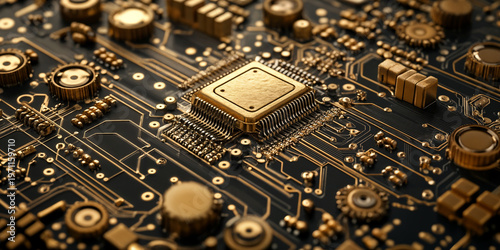 Gold Microchip on Circuit Board with Advanced Technology Design