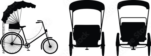 Cycle rickshaw silhouette collection with canopy detailed side and front views traditional transport illustration for urban mobility design