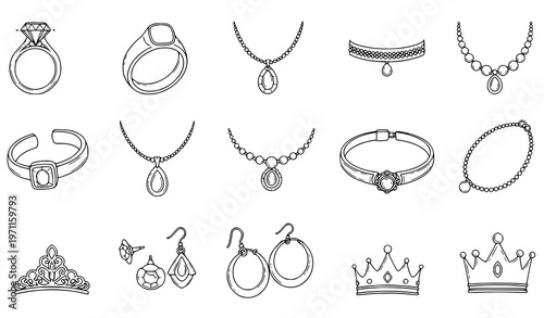 Outline jewelry icons – rings, necklaces, bracelets, earrings, and crowns