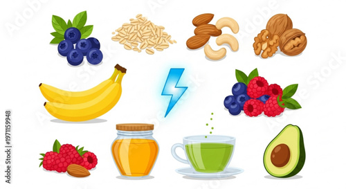 Set of healthy superfood ingredients including berries nuts banana and avocado with lightning energy icon vector illustration for balanced diet