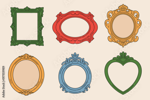 Vintage mirror frames, antique empty photo frame with ornaments, featuring modern retro baroque rococo decorative borders in different shapes, presented as elegant mirrors in a flat vector style 