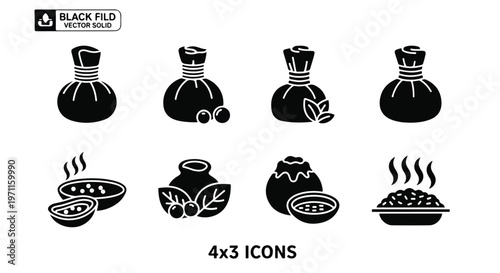 Set of 8 Black Solid Ayurveda Spa Treatment Vector Icons