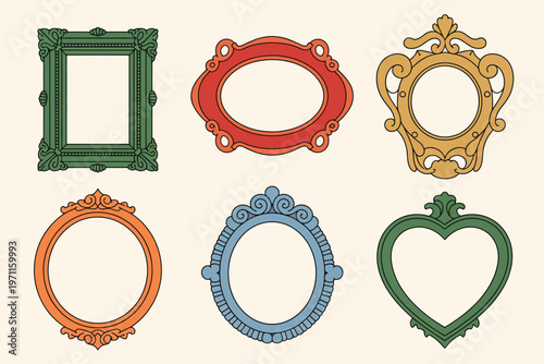 Vintage mirror frames showcasing antique empty photo frames with ornate baroque and rococo details, designed in various shapes with decorative borders, crafted as a cohesive flat vector 